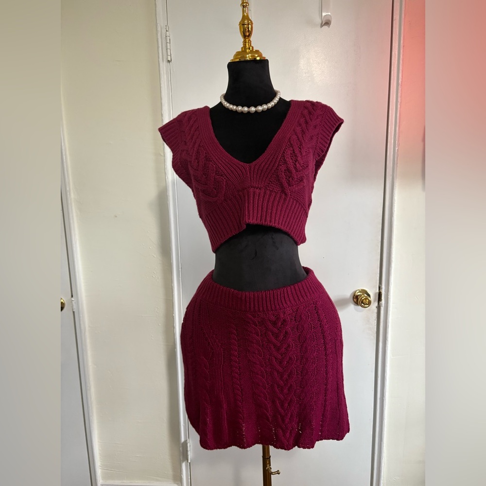 For Love & Lemons Layton Knit Sweater Vest & Skirt Set - Burgundy/Red